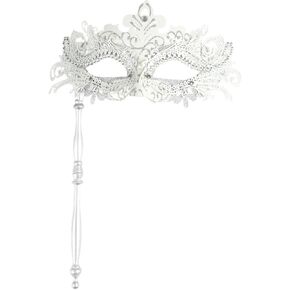 White Masquerade Mask with Stick Women Venetian Mask for Carnival Halloween Party