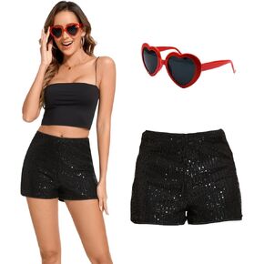 Women's Hippie Disco Outfit Sequins High Waisted Shorts and Heart Sunglasses Solid Glitter Party Shorts Halloween