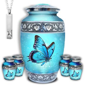 Set of 6 Funeral & Cremation Urn for Ashes Adult Male & Female with 1 Large Blue Butterfly Decorative Urn for Human Ashes Adult Man 4 Small Keepsakes & 1 NecklaceUrn - Handcrafted in India