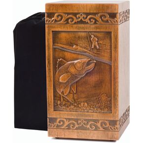 Wooden Cremation Urn for Human Ashes, Adult, Male/Female, Large, Design, 250 lbs Capacity (Walnut Wood Color, 250LBS, Fishing)