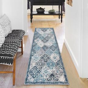 KILOCOCO 2x3 Small Area Rug, Moroccan Entryway Rugs Indoor Vintage Washable Rug Non-Slip Indoor Door Mat, Accent Print Faux Wool Throw Rug for Laundry Kitchen Bedroom Entrance, Blue/Multi