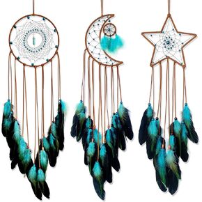 3 Pcs Sun Moon Star Design Dream Catcher,Handmade Art Feather Dream Catchers Wall Hanging Ornament for Bedroom Decor Wedding Party Decor, Festival Blessing Gift (Dark Blue Sun Moon Star Art)