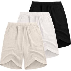 3 Pack Men's Linen Bermuda Shorts Casual 9 Inch Elastic Waist Shorts Summer Knee Length Beach Wear with Pocket
