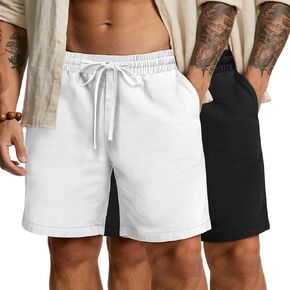 2 Pack Men's Big and Tall Linen Bermuda Shorts Casual Drawstring Summer Cotton Beach Shorts with Pocket