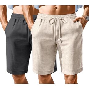 Ficerd 2 Pack Men's Cotton Linen Shorts, Elastic Waist Beach Pants with Drawstring Pockets Summer Casual Gym Vacation Shorts