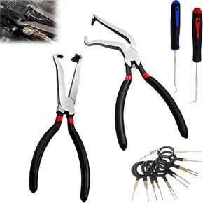 Electrical Disconnect Pliers Fuel Line Disconnect Tool with Anti-Slip Grip, hose removal pliers (1*Red60°+1*Red straight) ，with 2 Pcs Oil Seal Hooks and 8 Pcs Terminal Removal Tools，