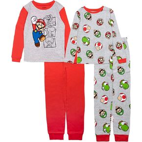 Super Mario Boys' 4-piece Cotton Pajama Set, Red/Grey, 6