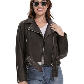 Fahsyee Faux Leather Jackets for Women, Black Motorcycle Moto Biker PU Outwear Coat