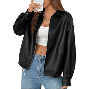 Women's Faux Leather Zip Up Jacket Long Sleeve Drop Shoulder Outerwear Coat