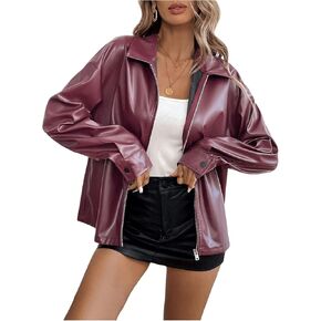 Verdusa Women's PU Leather Jacket Zip Up Long Sleeve Collared Bomber Coats Outwear