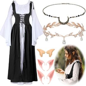 Bonuci 6 PCS Women Renaissance Fairy Costume Visuoty 1700s Dress مع زهرة الأذن قزم التاج القمر سلسلة هالوين كوزبلاي