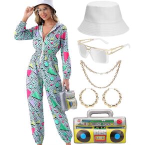 Hoodies Jumpsuit 80s 90s Outfits for Women Tracksuit Costume One Piece Windbreaker Hip Hop Neon Party Outfit