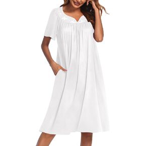 Ekouaer Nightgowns for Women Cotton Nightgown House Dress with Pockets Short Sleeve Mumu Dress Embroidered Lounge Dress