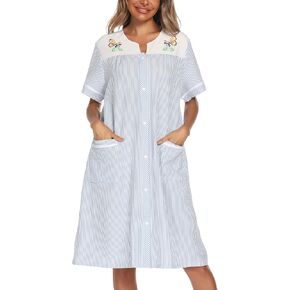 YOZLY House Dress Womens Embroidered Housecoat Short Sleeve Duster Robe with Front Pockets S-3XL