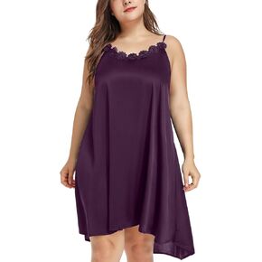 Women's Plus Size Silk Nightgown Sleeveless Chemise Slip Lingerie Sleepwear with Floral Neckline