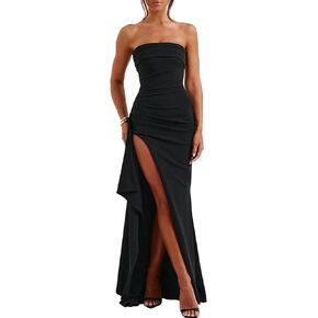 Women's Backless High Split Strapless Prom Formal Dress,Black