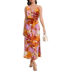 Women's Summer Satin Dress Elegant Cowl Neck Adjustable Spaghetti Strap Wedding Guest Cocktail Party Maxi Dresses