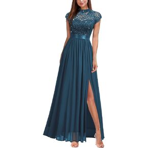 Miusol Women's Elegant Sequin Lace Contrast Chiffon Split Style Evening Party Maxi Dress
