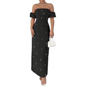 Floerns Women's Pearl Beaded Off Shoulder Dress Puff Sleeve Elegant Formal Long Dresses