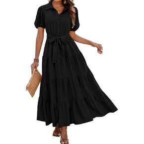 Dowerme Womens Summer Dresses 2025 Short Sleeve Button Tie Tie Weist Beach Vacation Cloths Boho Flowy Tiered Maxi Sundress