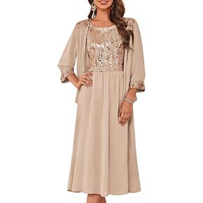 GRACE KARIN Wedding Guest Dress Mother of The Bride Dresses Two Piece Formal Sequin Dress with Jacket Tea Length 2025