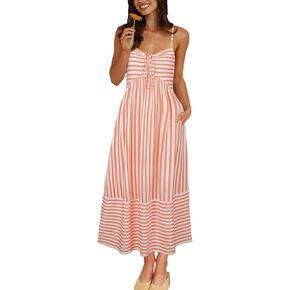 FashionMe Womens Summer Maxi Dresses 2025 عصرية مخططة العطلة بوهو الشاطئ السباغيتي حزام Sundress التعادل مع جيوب