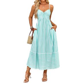 Fashionme Womens Summer Maxi Dresses 2025 Trendy Striped Vacation Boho Beach Spaghetti Strap Sundress Back Tie with Pockets in Kuwait