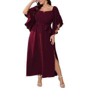 SCOMCHIC Women Plus Size Wedding Guest Maxi Dress Square Neck Ruffle 3/4 Sleeve Belted Slit A Line Formal Long Dresses in Kuwait