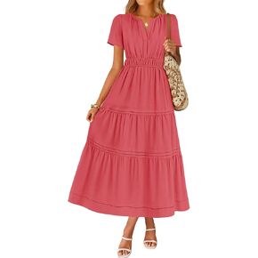 ZESICA Women's Summer Casual Midi Dresses 2025 Short Sleeve V Neck Elastic Waist Elegant Boho Flowy Long Dress with Pocket