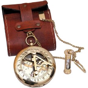 Brass Sundial Compass with Leather Case - Compass Gift for Men - Sundial Clock in Box Gift Sun Clock Ship Replica Watch - Nautical Gifts for Men, Antique Sailing Anniversary Vintage Gifts