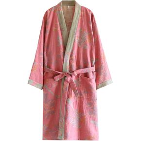 Cotton Double Gauze Traditional Hanfu Midi-length Nightdress Printing Tie-belt Bathrobe Loose Pajamas Comfortable Nightgown Sweat Steaming Yukata Sauna Suit Sleepwear Kimono for Women Large(Pink Bird)