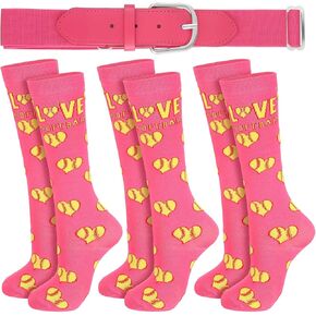 3 Pairs of Love Heart Softball Baseball Knee-high Socks and 1 Soccer Baseball Belt Combo Set Adjustable Football Socks Elastic Waist Belt for Girls Women Kids Youth Sport Softball Team Gift