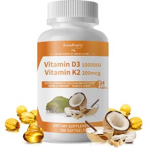 Vitamin D3 10,000 IU + K2 (MK-7) 200mcg w/Coconut Oil Softgels | 300-Count 2-in-1 Vegan vitamina d3 con k2 for Bone Health & Immune Support |Enhanced Absorption, Non-GMO, Easy to Swallow