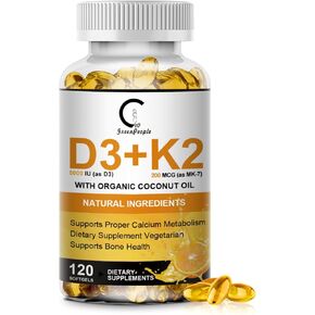 Vitamin D3 K2 Supplement with Vitamin D3 5000 IU, 200 mcg Vitamin K2 MK-7 & Natural Coconut Oil, Plant Based 2-1 Formula for Bone, Teeth, Muscle and Immune Health Support,120 Softgel Capsules