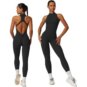 Sleeveless Workout Jumpsuit for Women Zip Up Romper Shorts V Back Scrunch Sexy One Piece