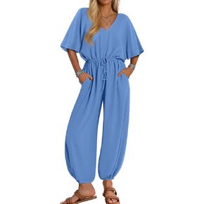 ZESICA One Piece Jumpsuits for Women Summer Casual Short Sleeve V Neck Overalls Drawstring Waist Romper with Pockets