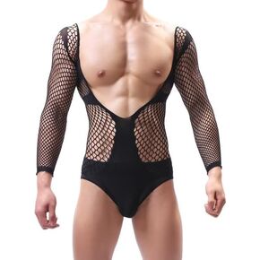 Men's Sexy Mesh Bodysuit Long-sleeved One-piece Lingerie Thong Clubwear Costume Cut-out Jumpsuit Sheer Underwear Showing Power and Sexiness Black