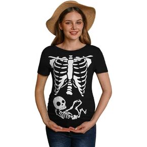 نساء هالوين الحمل غير الرسمي زي الأزياء الرسم القصيرة الأكمام قميص الأمومة الهيكل العظمي الأسود م in Kuwait