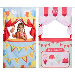Navaris Double Sided Doorway Puppet Theater - Curtain with Rod - Choose Kids Theater or Ice Cream Shop - for Children Marionettes Glove Hand or String Puppets