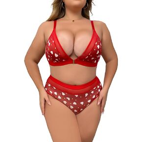 Women's Plus Size 2 Piece Lingerie Set Floral Sheer Deep V Neck Front Placket Bra High Waist Outfits Panty Sets
