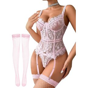 Sexy Floral Lace Corset Underwire Mesh Sheer Garter Stockings Lingerie Set with Thong 3 Pieces Outfits