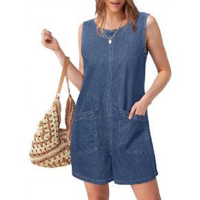 Glamaker Womens Summer Denim Romper - Casual Sleeveless Denim Jumpsuit Outfits Overall Shorts Jean Romper with Pockets