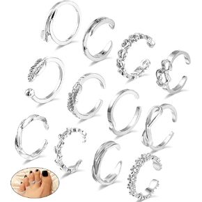 12PCS Silver Toe Rings for Women Non Tarnish Vintage Adjustable Heart Star Moon Silver Toe Ring Set with Velvet Bag perfect for Summer Beach Footwear
