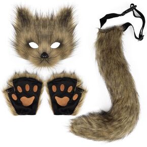 Faux Fur Fox Tail Cat Wolf Cosplay Costume Set Plush Mask Fluffy Paw Gloves Halloween Christmas Party for Women