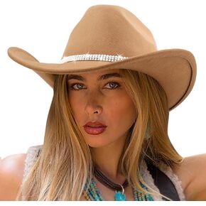 DRESHOW Glitter Cowboy Hat Classic Western Rhinestone Cowgirl Hat Outdoor Wide Brim Retro Felt Fedora Hats Rolled up Caps