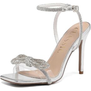 Women's Double Bowknots Heels Crystal Sandals, Silver Strappy High Heels for Women Open SquareToe Clear Heels Wedding Shoes Ankle Strap Crystal Rhinestonefor in Kuwait