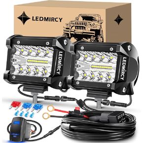 4 Inch LED Pod Lights Kit with Round Toggle Switch Wiring Harness LED Light Bar 2 Lead Spot Flood Combo Beam White Driving Off Road Lights for Truck Tractor Excavator Boat ATV SUV UTV GMC