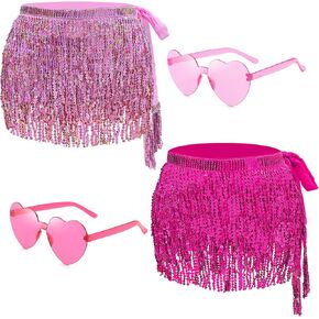 2Pcs Women's Sequin Tassel Belly Dance Skirt Wrap Halloween Rave Sparkly Fringe Skirts Boho Tassel Hip Scarf Rave Costume