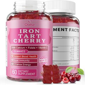Tart Cherry Iron Supplement for Women & Men, Iron Gummies with Calcium, Zinc, Folate & Vitamin C & B12 for Immune Support, (60 Count) - Sugar Free,Vegan