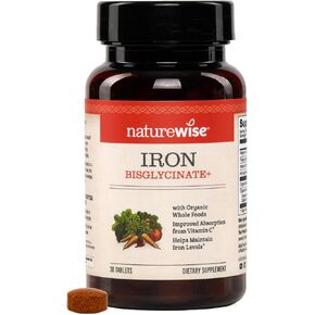 NatureWise Vegan Iron Supplement for Women & Men - Gentle on Stomach High Absorption - Coated Iron Bisglycinate Tablets + Vitamin C, Methyl B12, Folate & Organic Food Blend - 30 Tablets[30-Day Supply]